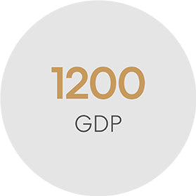 A grey circle with the number 1200 in large gold text above the word GDP in smaller black text.